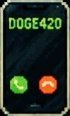 A pixel-art style phone screen showing an incoming call from 'DOGE420' with green accept and red decline buttons.