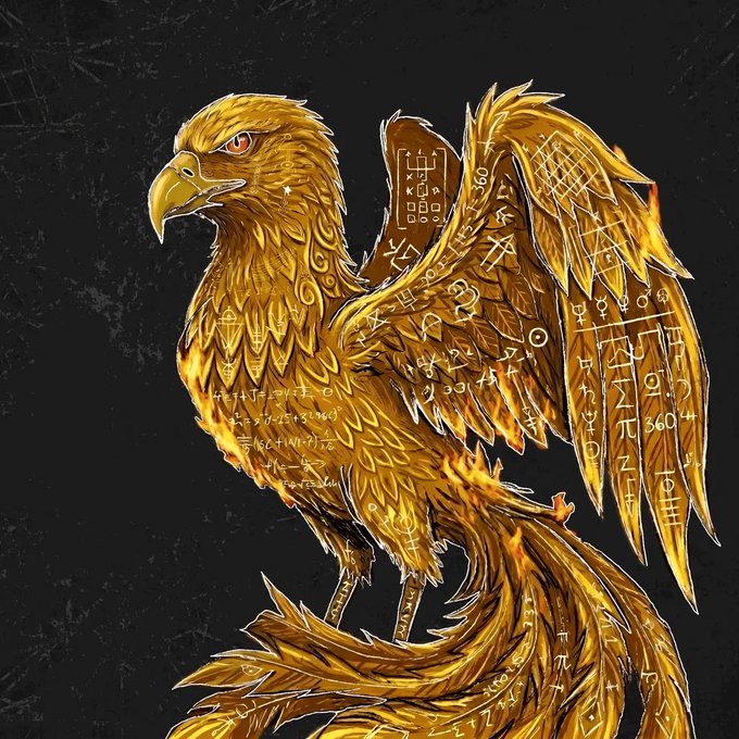 An illustration of a golden eagle with intricate, mathematical symbols and equations written across its feathers against a black background.