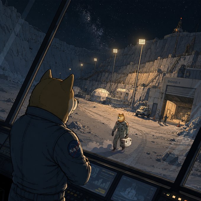 An astronaut Shiba Inu observes from a spacecraft window as another dog astronaut carries a briefcase toward the "DOGE-1" lunar base under a starry sky, perfectly capturing the "Preparing for departure" mission to the $DOGE-1 space base.