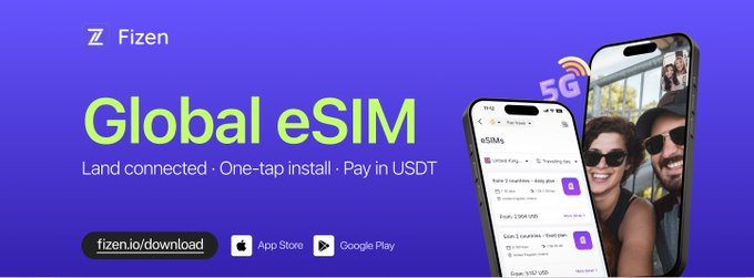 Promotional banner for Fizen Global eSIM service featuring 'Land connected · One-tap install · Pay in USDT' text, app store download links, and a smartphone displaying a couple with a 5G connection icon.