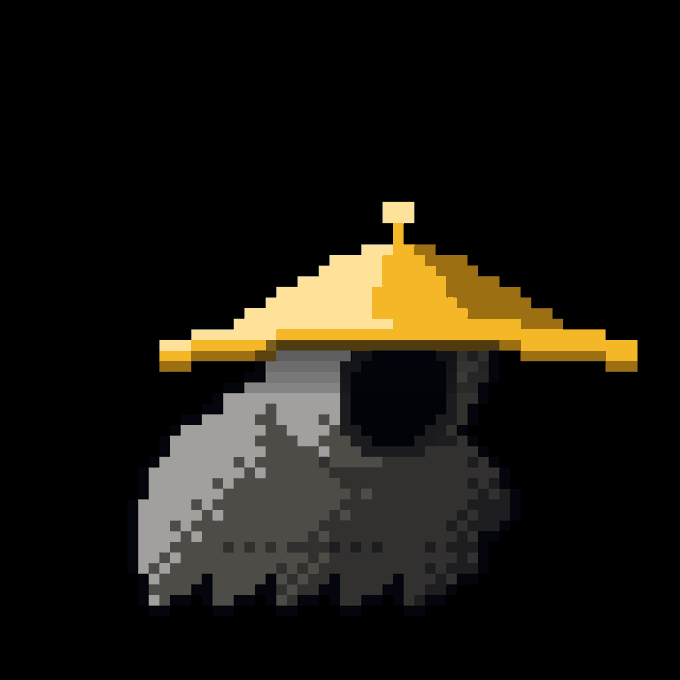 A pixel art rendering of a tank with a dark camouflage body and a bright golden turret, displayed against a solid black background.