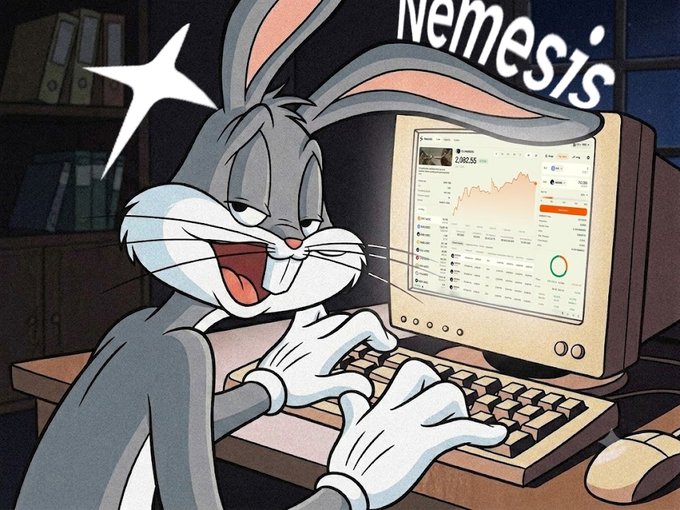 A Bugs Bunny cartoon edit shows the rabbit typing at a computer displaying a CoinGecko chart with the word 'Nemesis' above him.