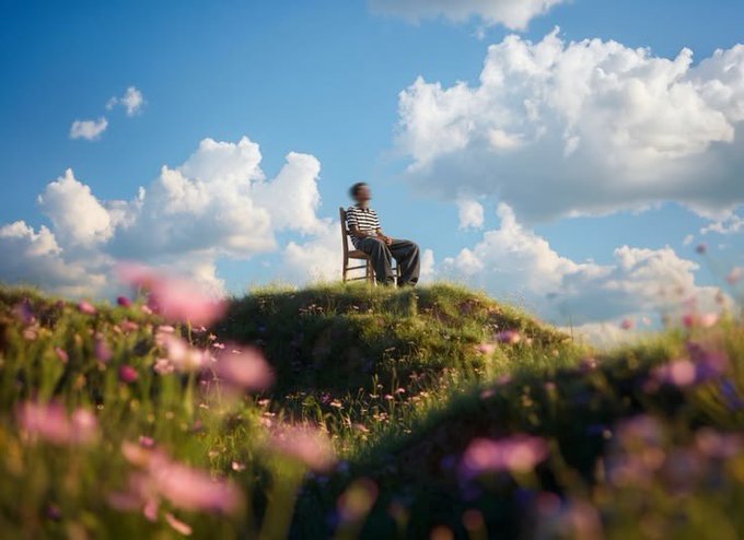 The image shows a man sitting alone on top of a hill with his back facing the camera. The man appears to be enjoying some peace and quiet as he looks out over the landscape, which includes a field filled with flowers. The sky above is blue with white clouds scattered throughout, creating a serene atmosphere for the man's moment of relaxation.
