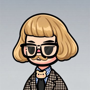 A cartoon character with blonde bobbed hair, sunglasses, and a mustache wearing a houndstooth blazer over a shirt featuring a small animal design, fitting the "GM" (good morning) meme vibe with its quirky dapper style.