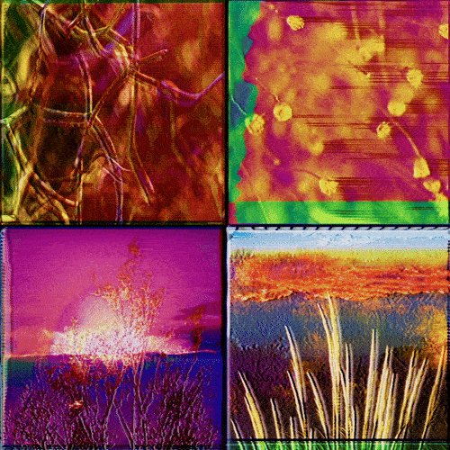 The image features a collage of four different pictures, each with unique colors and subjects. The first picture shows a tree with purple leaves against an orange sky. The second picture depicts a field with green grass under a pink sky. The third picture showcases a sunset over a field with yellow flowers. The fourth picture displays a field with brown grass under the same pink sky as in the previous image. These pictures are arranged side by side, creating a visually appealing and diverse collection of images that capture various aspects of nature and its colors.