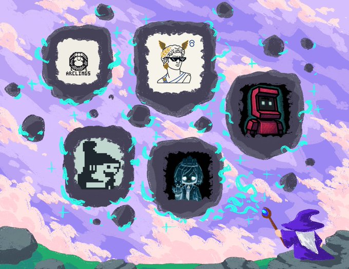 A wizard with a glowing staff faces five floating stone tablets displaying pixel-art avatars—one labeled "ARCLINGS" with a logo, and others featuring a toga-wearing figure, a red robot, a green-hooded character, and a cloaked sorceress—set against a swirling purple sky. The image visually represents the five NFT collections (@onchainsharc, @akadotfun, @ArclingsNFT, @btcordinal, @brokeb00kies) whose holders are being invited to claim one of 2,118 FCFS spots in the ArcWizards mint.