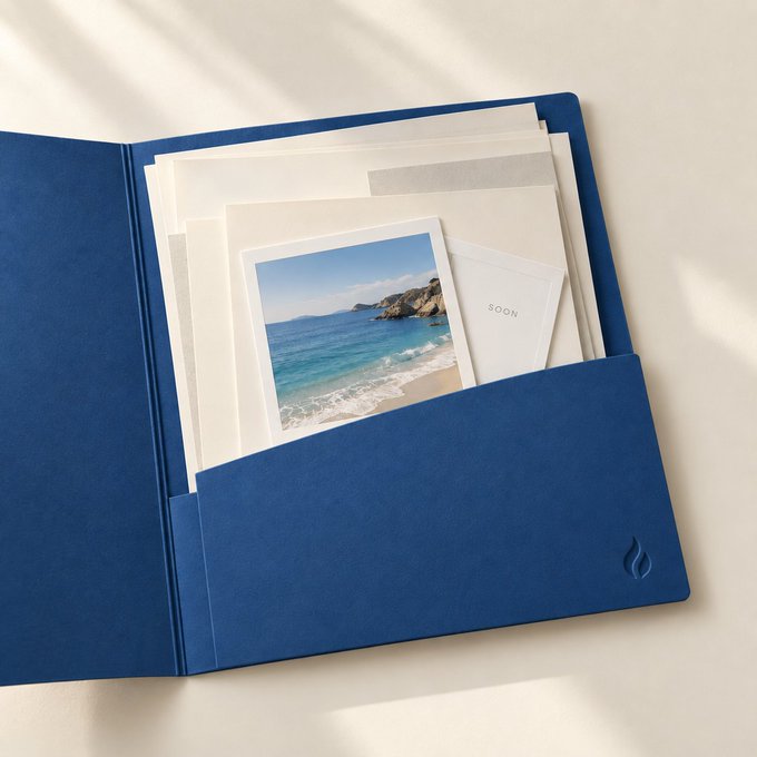 A navy blue fur-textured journal lies open, displaying a pocket filled with a coastal photo of a rocky beach and a card labeled "SOON." The serene seaside imagery and gentle morning light through the shadows complement the post's groggy "GM 早呀宝" greeting, capturing that quiet, sunlit moment of waking up.