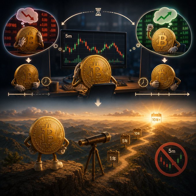 A Bitcoin coin character with an anxious expression stares at a "5m" candlestick chart showing red downward trends, then looks through a telescope down a path marked with timelines stretching from "1年" (1 year) to "10年" (10 years), while a crossed-out "5m" chart appears in the corner, illustrating the joke about traders who claim to be long-term holders but obsess over 5-minute price movements.