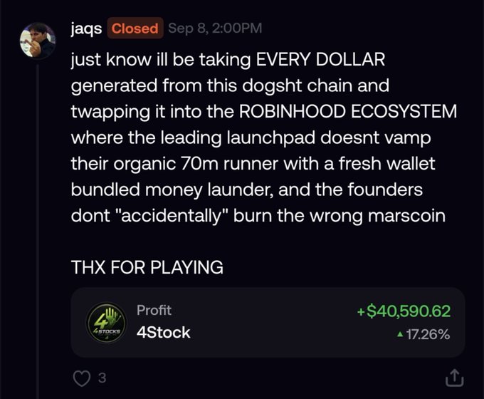A Discord message from user "jaqs" in a "Closed" thread from Sep 8 criticizes a blockchain launchpad for alleged practices like "money laundering" and burning tokens, while showing a profit of +$40,590.62 (+17.26%) on 4Stock. The post relates to the image by positioning Robinhood Crypto as a superior, "organic" alternative that doesn't engage in the manipulative community-building tactics ("vamping," bundling wallets) the user is mocking in their $40k gain screenshot.