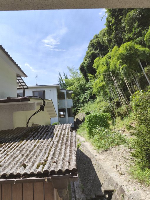 A view from a window or balcony showing an old tiled roof, neighboring houses, and lush green trees on a hillside under a blue sky with scattered clouds.