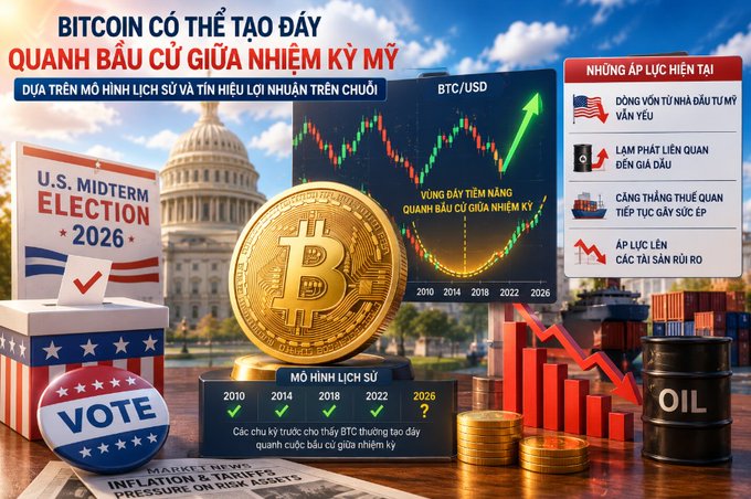 A Vietnamese financial graphic titled "BITCOIN CÓ THỂ TẠO ĐÁY QUANH BẦU CỬ GIỮA NHIỆM KỲ MỸ" (Bitcoin may bottom around the U.S. midterm election), featuring a Bitcoin coin, the U.S. Capitol, a BTC/USD candlestick chart spanning 2010–2026, a "VOTE" button, and a sidebar listing current pressures including U.S. dollar funding risk, geopolitical tensions, shipping container costs, and asset risk premium pressure. The image visually supports the accompanying post's thesis that Bitcoin may be approaching a cyclical bottom near the 2026 U.S. midterm election based on historical price patterns and on-chain profit signals.