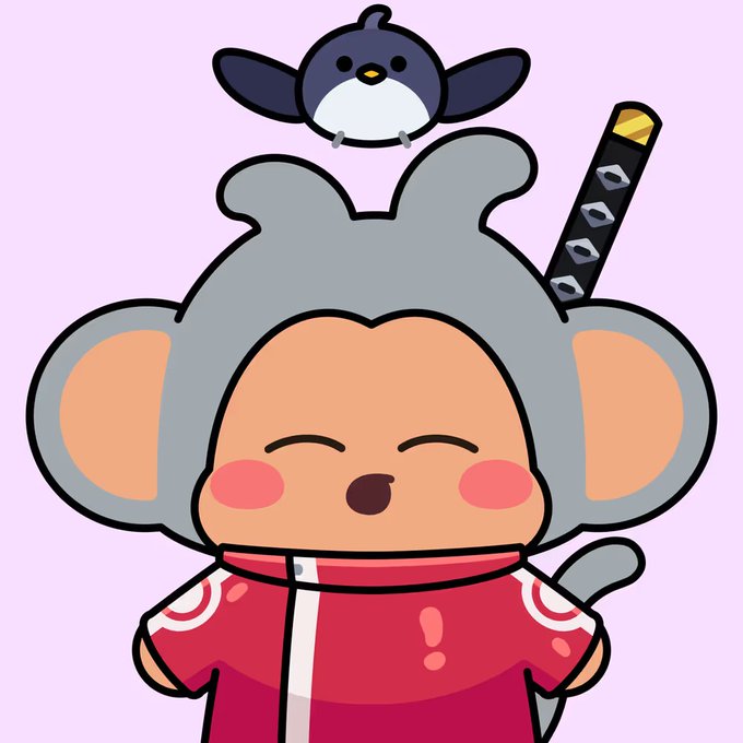 A cute cartoon character in a gray mouse-like hood and red outfit with a small bird perched on its head and a katana behind it.