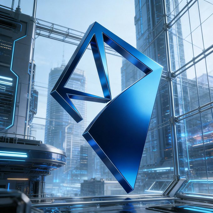 A glossy blue diamond-shaped logo or emblem floating in a futuristic sci-fi cityscape with neon-lit buildings.