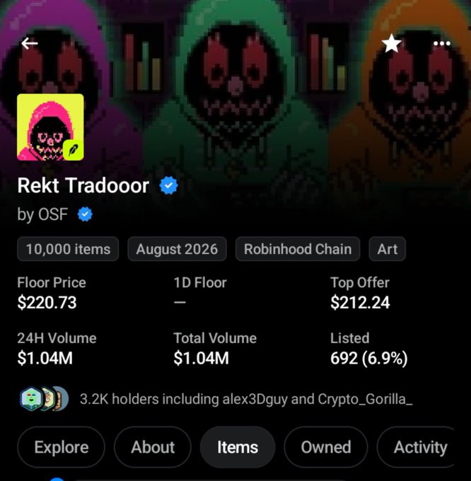 A NFT marketplace listing for "Rekt Tradooor" by OSF with 10,000 items on Robinhood Chain, showing a floor price of $220.73 and 24H volume of $1.04M.
