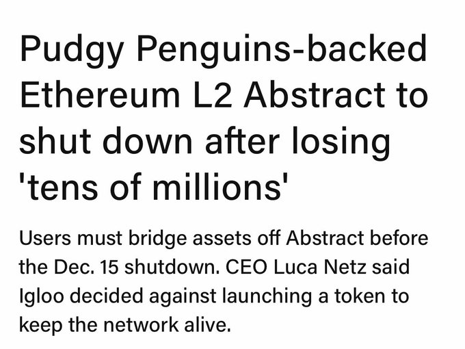 A news headline article stating 'Pudgy Penguins-backed Ethereum L2 Abstract to shut down after losing 'tens of millions'', explaining users must bridge assets off Abstract before the Dec. 15 shutdown, and CEO Luca Netz said Igloo decided against launching a token to keep the network alive.