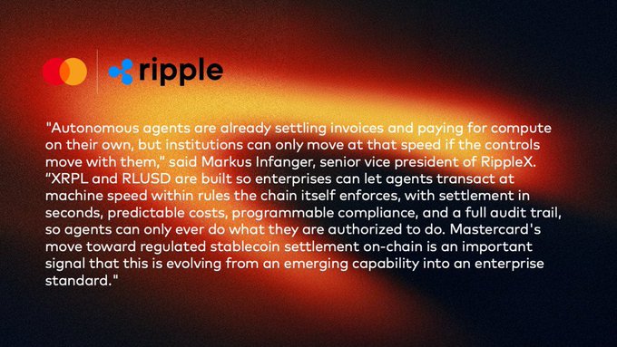 The image features a post about Ripple and Mastercard's new payment system, which uses Ripple and RLP (Ripple Ledger Protocol) standards for transactions. The post includes text that explains the concept of an Autonomous Agent, which is a software program that can set up automated payments without human intervention. It also mentions that these agents are already settling invoices and paying for computers on their own, but only if they have access to certain institutions or companies.