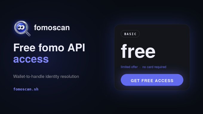A promotional banner for Fomoscan ("fomoscan.sh") advertises "Free fomo API access" for wallet-to-handle identity resolution, featuring a "BASIC" pricing card offering free, no-card-required access. The image aligns with the post's praise of Fomoscan by highlighting its free API offering, while the tweet expresses a wish for it to integrate with @clawpumptech and @solana's x402 protocol for agent-based payments.