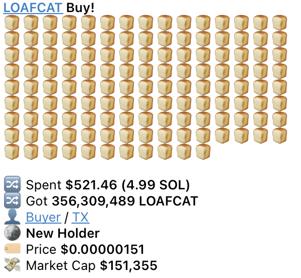 A cryptocurrency transaction screenshot showing 'LOAFCAT Buy!' with rows of loaf-of-bread icons, indicating a purchase of 356,309,489 LOAFCAT tokens for $521.46 (4.99 SOL) at a price of $0.00000151.