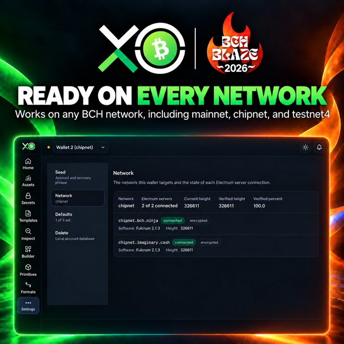 A promotional graphic for BCH BLAZE 2026 showing the XO wallet interface with the text 'READY ON EVERY NETWORK' and 'Works on any BCH network, including mainnet, chipnet, and testnet4'.