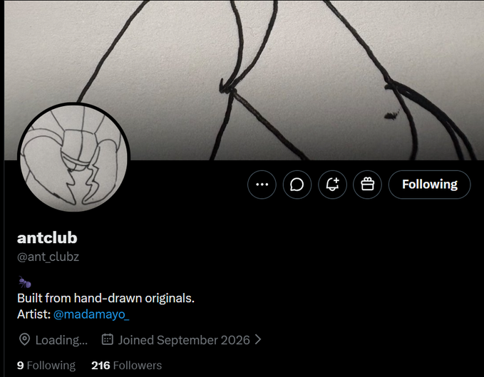 A Twitter/X profile for **antclub (@ant_clubz)**, showing hand-drawn original art by **@madamayo_**. The profile displays **216 followers**, **9 following**, and “Loading… Joined September 2026,” consistent with the early-project free mint mentioned in the post.