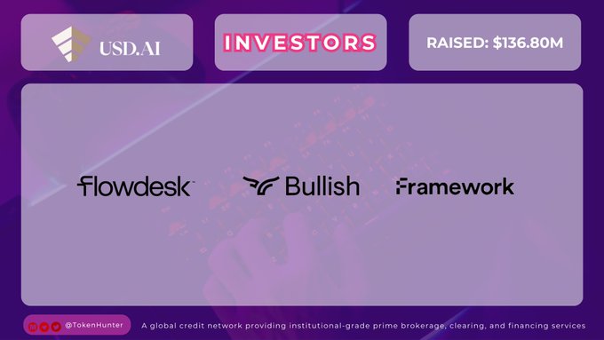 The image is a graphic highlighting the investors of USD.AI, showing logos for Flowdesk, Bullish, and Framework alongside a total raised figure of $136.80M, with the tagline "INVESTORS." It visually supports the accompanying post by showcasing the notable crypto-focused backers (Flowdesk, Bullish, and Framework Ventures) supporting @USDai_Official.