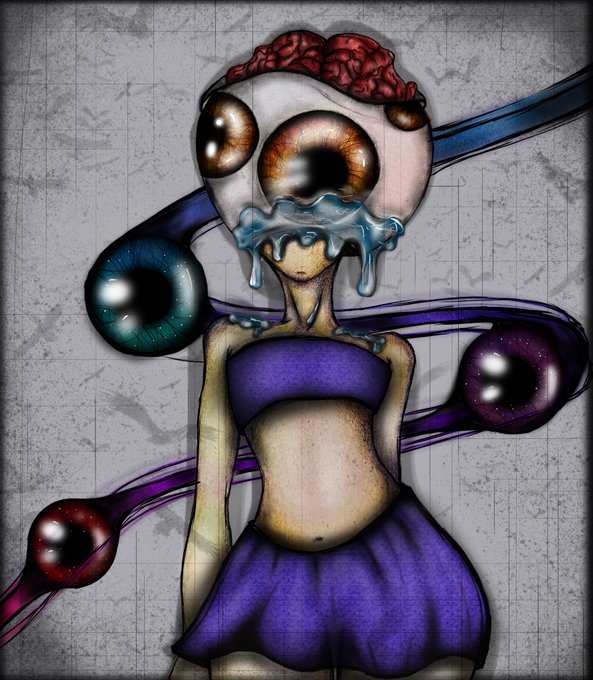 A surreal, grotesque digital illustration of a thin figure in a purple outfit with an exposed brain on top of its head and a melting blue substance dripping from a massive eyeball face, surrounded by other floating eyeballs against a textured gray background.
