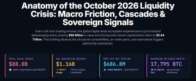 An infographic titled 'Anatomy of the October 2026 Liquidity Crisis: Macro Friction, Cascades & Sovereign Signals' highlights key metrics including $88.0B total value erased and $686.8M spot ETF net outflow.