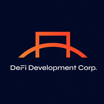 The image shows the DeFi Development Corp. logo, featuring a stylized orange bridge icon on a dark navy background with the company name in white text below. The logo represents the company mentioned in the post, which just closed an $11 million CHAD preferred-stock offering—the first SOL-backed "Digital Credit" instrument, with $DFDV ticker and a 13% initial annual dividend.