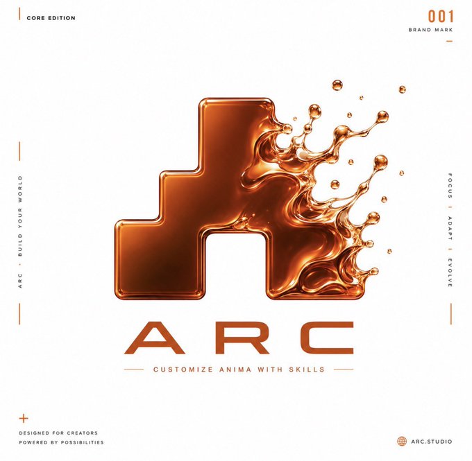 A stylized orange/copper "H"-shaped logo with dynamic liquid splash effects, labeled "CORE EDITION 001 BRAND MARK," featuring the word "ARC" with the tagline "CUSTOMIZE ANIMA WITH SKILLS" and "ARC.STUDIO" branding.

The image relates to the post by presenting ARC's brand identity—"ARC," meaning a customizable AI framework with skills—visually tying to the post's mention of $ARC and its approach to persistent memory in AI companions.