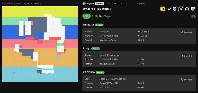 The image shows a token interface for "Sepolia TESTNET" displaying a status of "DORMANT" with a 5/5 "Fully On-Chain" indicator, alongside metadata, image, and animation details stored on-chain. A pixelated graphic with horizontal color bands (yellow, green, blue, red, orange, and cyan) appears on the left, containing abstract shapes and text. This aligns with the post's "GM   5/5: Fully On-Chain" message, highlighting that the artwork's metadata, image, and animation are entirely stored on the blockchain.