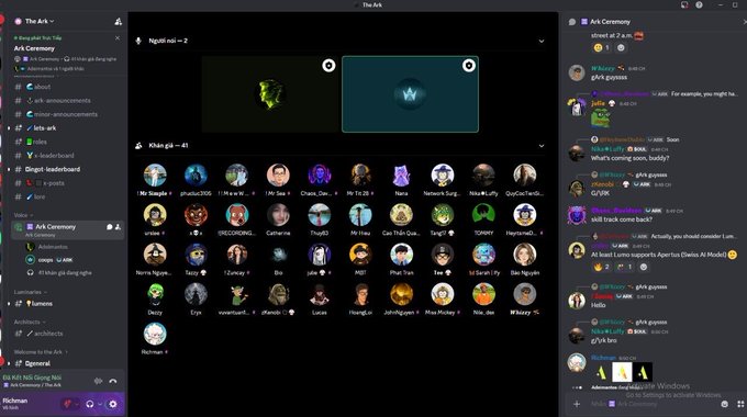 Discord application interface showing 'The Ark' server with channels like 'ark-ceremony', 'lets-ark', and 'roles', along with a voice channel grid and the 'general' chat.