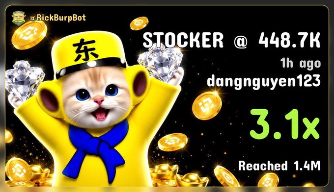 A promotional image from @RickBurpBot showing a cartoon cat wearing a yellow East Asian-style hat and blue bow tie, celebrating 'STOCKER @ 448.7K' with a 3.1x return reaching 1.4M.