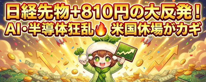 A promotional banner featuring a cartoon character in green celebrating a market rally, with bold Japanese text reading "日経先物+810円の大反発！AI・半導体狂乱🔥米国休場がカギ" (Nikkei futures surge +810 yen! AI/semiconductor frenzy, U.S. market holiday key), visually emphasizing the positive futures movement highlighted in the market update.