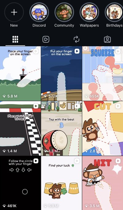 Mobile app interface showing categories like New, Discord, Community, Wallpapers, and Birthdays above a grid of mini-game thumbnails including titles "Place your finger on the screen", "Put your finger on the screen", "SQUEEZE", and "CUT".