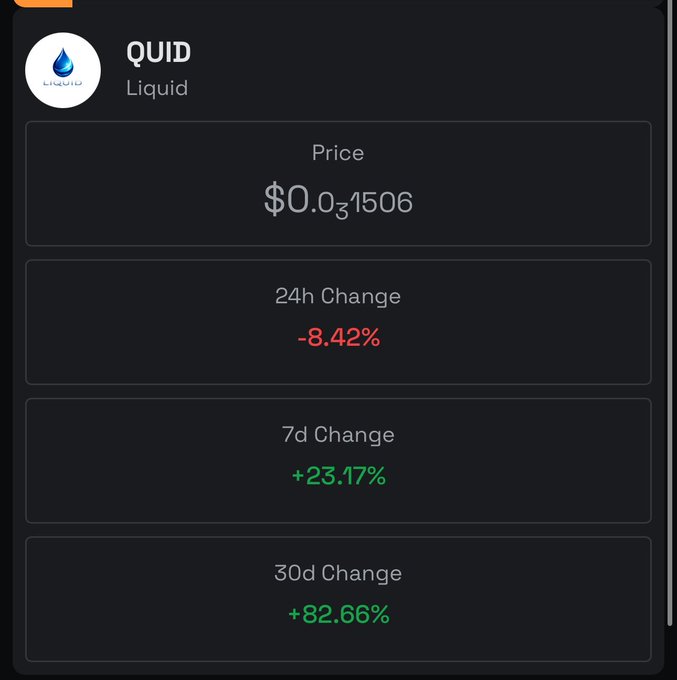 A cryptocurrency tracker panel displays Quid (QUID) "Liquid" with a current price of $0.031506, showing a 24-hour decline of -8.42% but strong gains over longer periods with +23.17% over 7 days and +82.66% over 30 days. The image appears unrelated to the post's focus on Terra Luna Classic (LUNC), USTC, and Juris Protocol, as it instead showcases price data for a different token called QUID.
