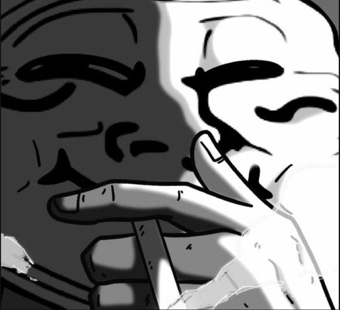 A black and white stylized illustration of a man holding a cigar in his hand near his face, with smoke or light effects on the right side.