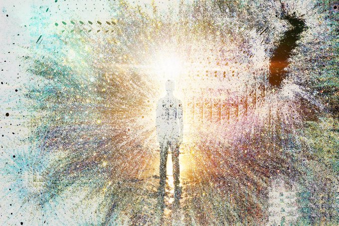 A textured watercolor-style illustration of a silhouetted figure standing before a bright, radiant light source with diffused color bleeds.