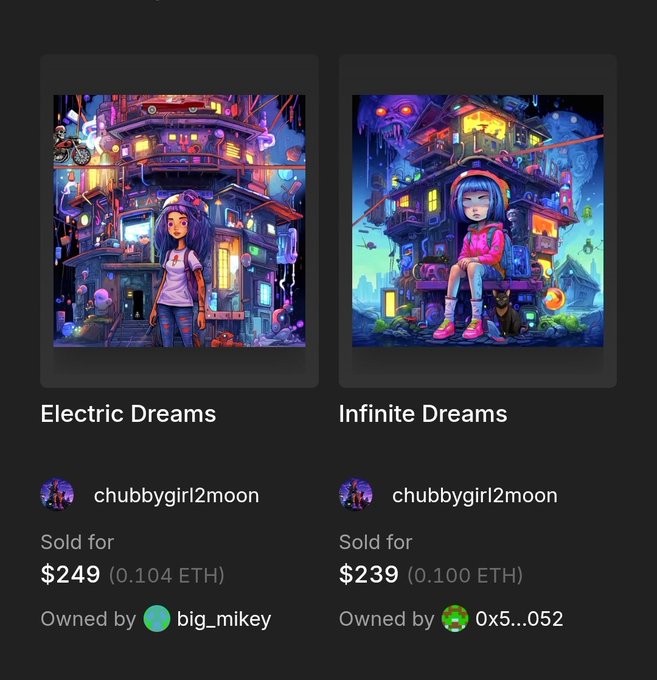 An NFT marketplace displays two digital artworks titled 'Electric Dreams' and 'Infinite Dreams' by creator chubbygirl2moon, sold for $249 and $239 respectively.