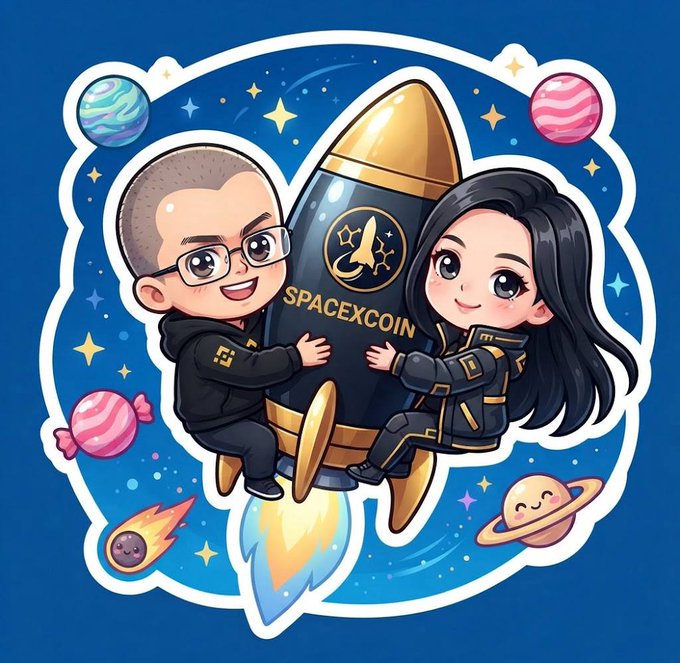 A cartoon-style sticker or logo featuring two chibi characters (a man with glasses and a woman with long black hair) hugging a dark blue rocket labeled 'SPACEXCOIN,' surrounded by space-themed elements like planets and stars on a blue background.