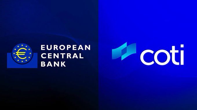 The image shows the logos of the European Central Bank (ECB) and COTI cryptocurrency side by side on a blue background, visually linking the COTI project with institutional backing from central banks, including the ECB, as referenced in the accompanying bullish post about $COTI.