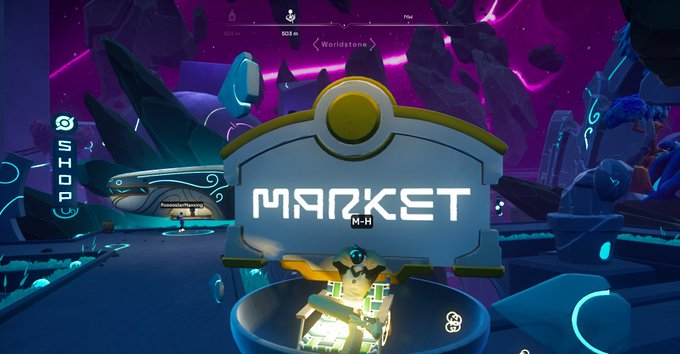 A colorful 3D game interface showing a 'MARKET' sign in a fantastical underwater/crystal environment with floating rocks, a shop icon on the left, and the word 'Worldstone' at the top.