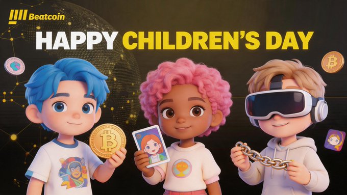 The image features a cartoon illustration of three children, each holding an item that represents their interests or hobbies. The first child has a gold coin, the second one holds a picture of themselves with a name tag, and the third child wears virtual reality goggles. The background is black, which contrasts with the colorful characters in the foreground. The post reads "Happy Children's Day to all the young dreamers (and the young at heart) Today’s play is tomorrow’s behavior. We're building the infrastructure layer not just for us - but for the next generation of onchain natives."