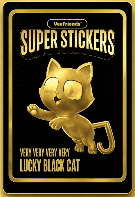 A golden 'VeeFriends Super Stickers' card featuring a glossy, stylized black cat character with the text 'VERY VERY VERY VERY LUCKY BLACK CAT' at the bottom.