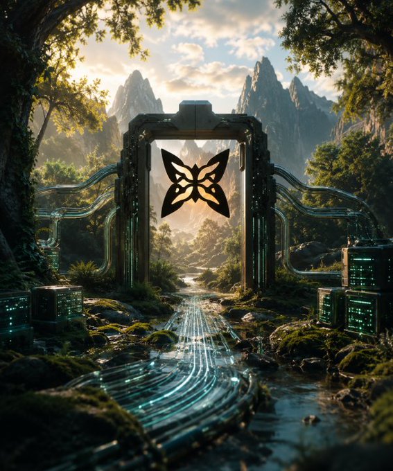 A fantastical digital landscape features a glowing portal with a butterfly symbol, surrounded by futuristic metallic structures, mossy rocks, and flowing streams set against misty mountains.