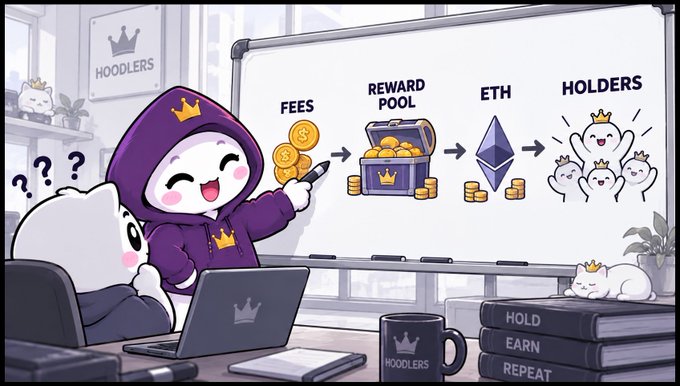 A cartoon character wearing a hoodie with the "HOODLERS" logo uses a whiteboard to illustrate how the platform works: FEES flow into a REWARD POOL, which converts to ETH and is distributed to HOLDERS. The image visually breaks down the post's claim that users can "earn real eth just by holding," with supporting desk items labeled "HOLD, EARN, REPEAT" reinforcing the passive income message aimed at convincing the skeptical friend.