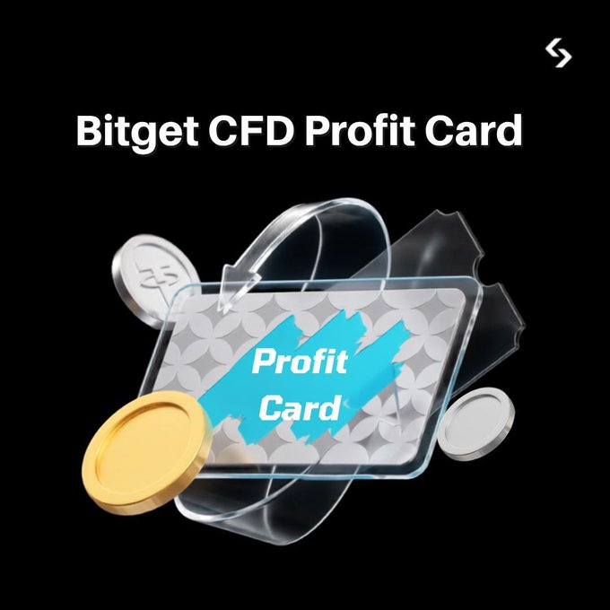 A promotional graphic for 'Bitget CFD Profit Card' featuring a stylized metallic card with a blue center label surrounded by gold and silver coins against a black background.