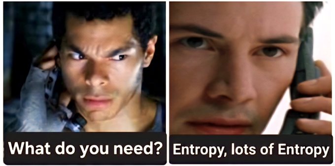 A two-panel meme showing Agent Smith from The Matrix holding a phone to his ear, with the left panel captioned "What do you need?" and the right panel showing a close-up of his face with the reply "Entropy, lots of Entropy."