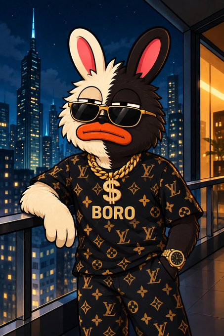 An animated-style image of a half-black, half-white duck-like character wearing sunglasses, a gold dollar sign necklace, and a Louis Vuitton-patterned outfit with 'BORO' written on it.