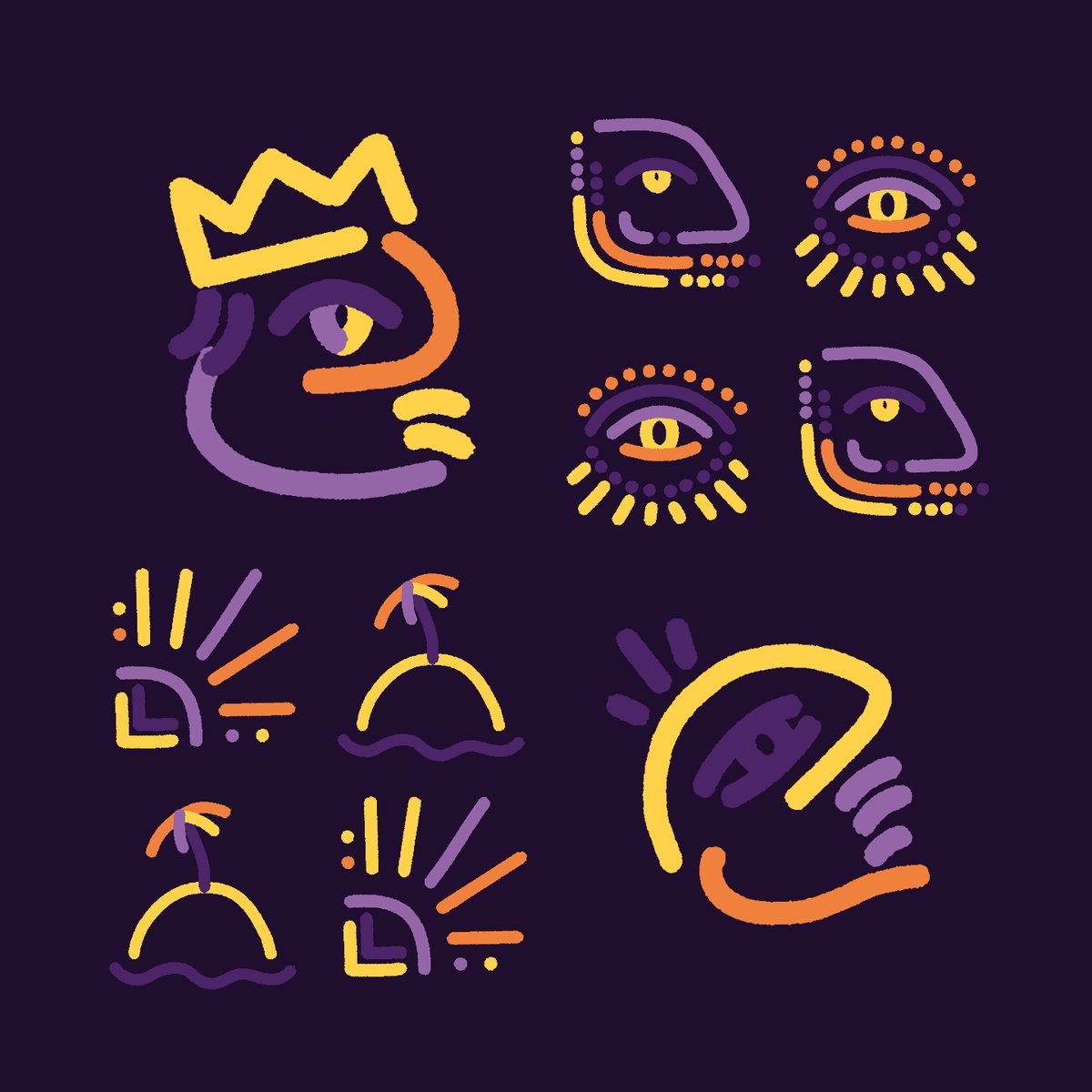 The image features a collection of illustrations depicting various elements related to tropical vacations. These illustrations include suns, islands, palm trees, and other beach-related objects. The colors used are predominantly purple, orange, and yellow, creating a vibrant and lively atmosphere. The drawings showcase different aspects of a vacation experience, such as relaxation, leisure activities, and the beauty of nature.