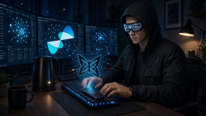 A person wearing a dark hoodie and glowing futuristic visor types on a keyboard at a desk, surrounded by holographic digital graphics and multiple monitors in a dimly lit room.